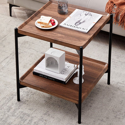 Modern Minimalist Rectangular Square Wood Metal Side Table 2-Tier For Living Room