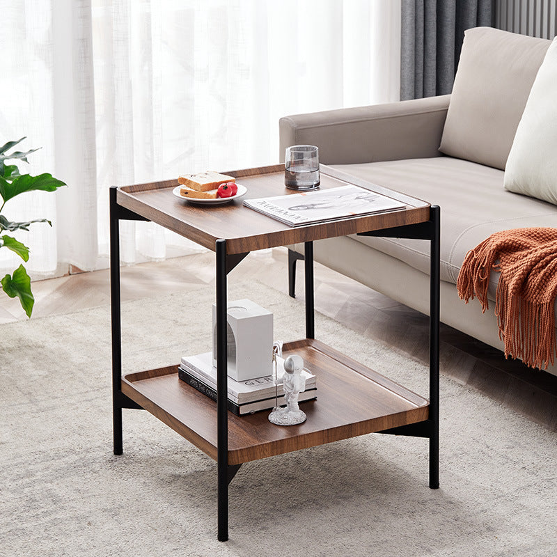 Modern Minimalist Rectangular Square Wood Metal Side Table 2-Tier For Living Room