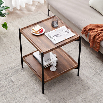 Modern Minimalist Rectangular Square Wood Metal Side Table 2-Tier For Living Room