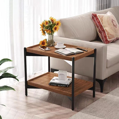 Modern Minimalist Rectangular Square Wood Metal Side Table 2-Tier For Living Room