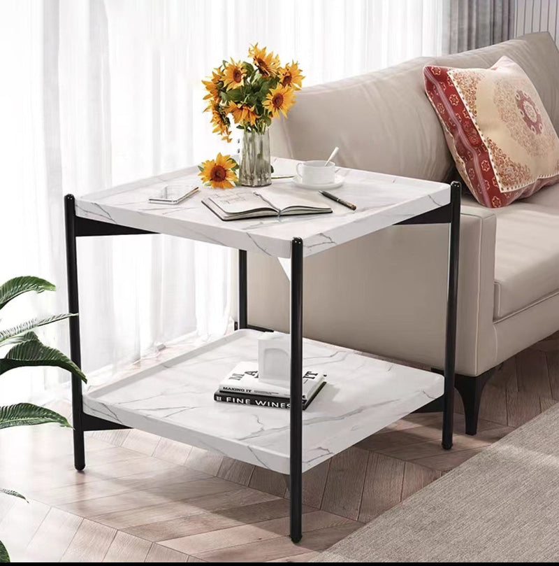 Modern Minimalist Rectangular Square Wood Metal Side Table 2-Tier For Living Room