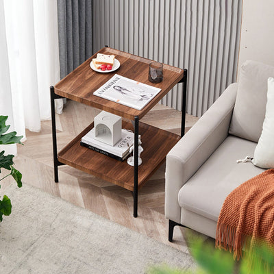 Modern Minimalist Rectangular Square Wood Metal Side Table 2-Tier For Living Room