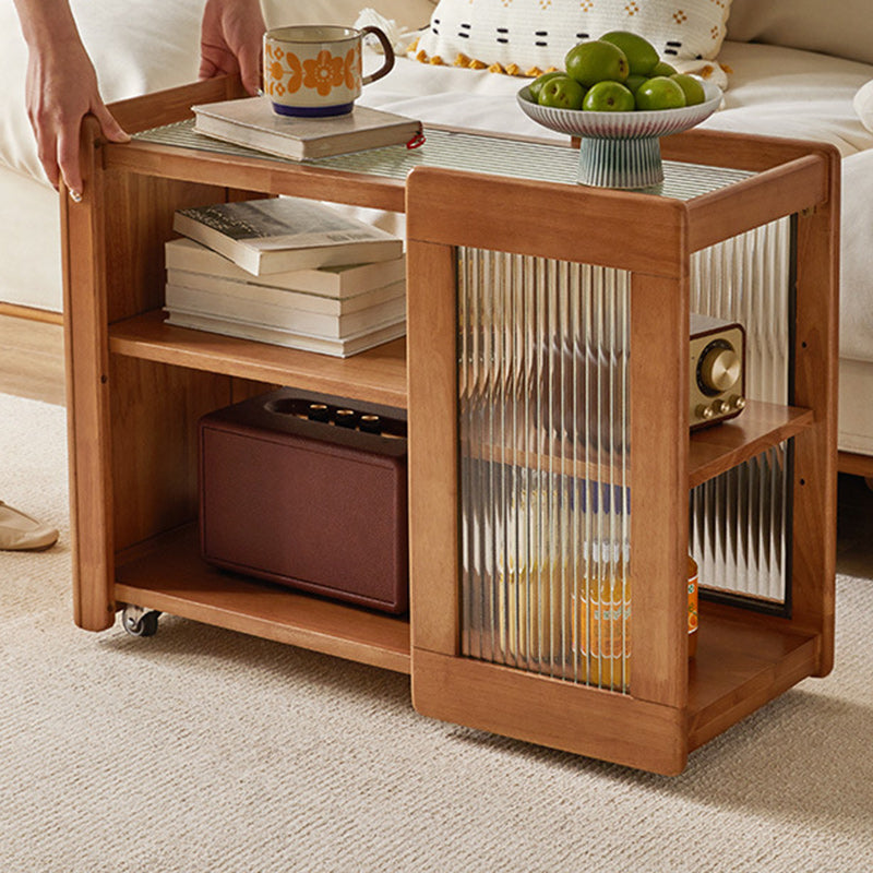 Traditional Rustic Removable Rectangular Wood Glass Side Table 2-Tier For Living Room