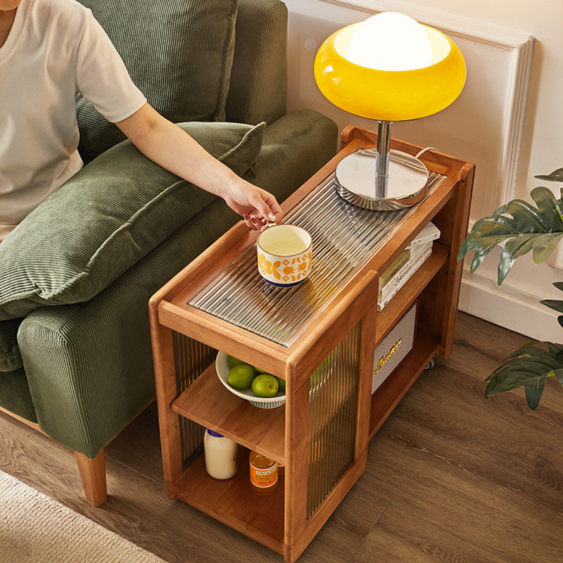 Traditional Rustic Removable Rectangular Wood Glass Side Table 2-Tier For Living Room