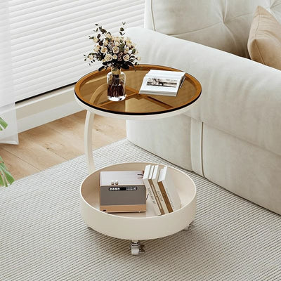 Modern Minimalist Removable Round Disc Glass Rock Slab Iron Side Table 2-Tier For Living Room