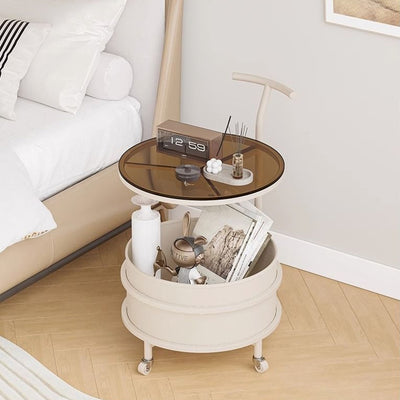 Contemporary Scandinavian Removable Cream Round Cylinder Iron Stainless Steel Glass Side Table 2-Tier For Bedroom