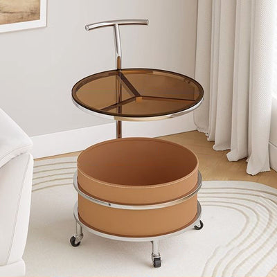 Contemporary Scandinavian Removable Cream Round Cylinder Iron Stainless Steel Glass Side Table 2-Tier For Bedroom