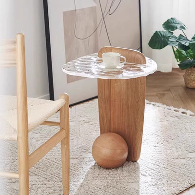 Contemporary Scandinavian Oval Orb Oak Glass Side Table For Living Room