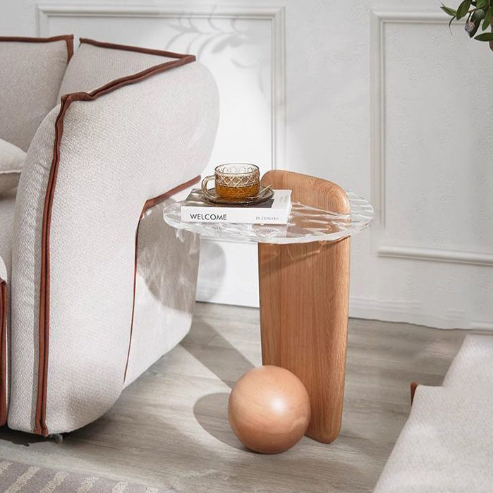 Contemporary Scandinavian Oval Orb Oak Glass Side Table For Living Room