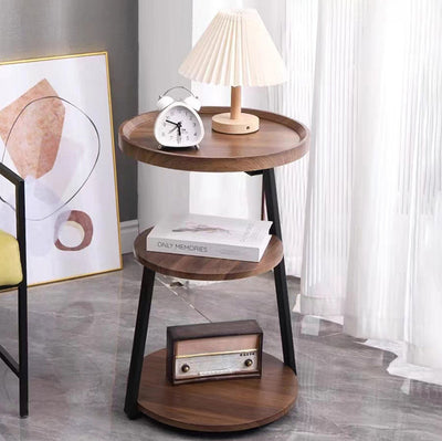 Modern Minimalist Round Wood Carbon Steel Side Table 3-Tier For Living Room