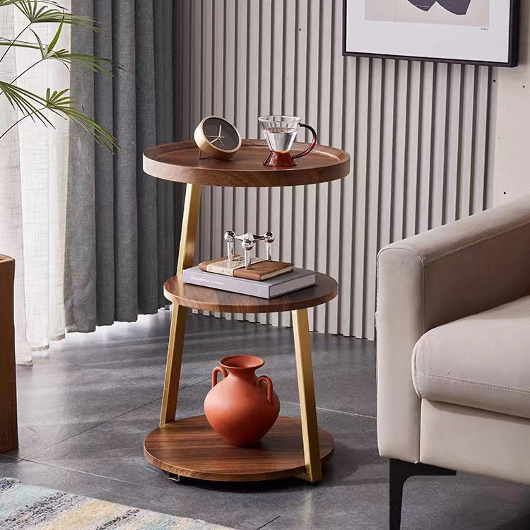 Modern Minimalist Round Wood Carbon Steel Side Table 3-Tier For Living Room