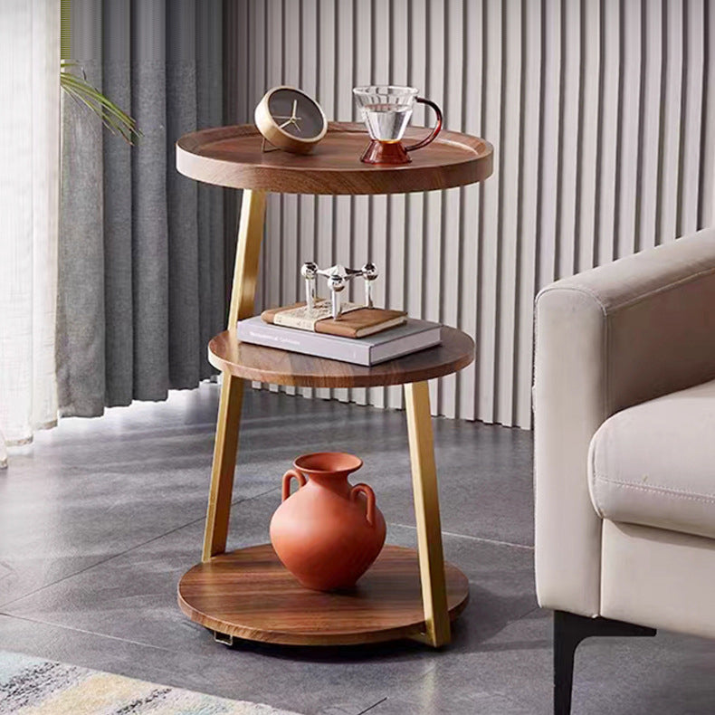 Modern Minimalist Round Wood Carbon Steel Side Table 3-Tier For Living Room