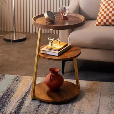 Modern Minimalist Round Wood Carbon Steel Side Table 3-Tier For Living Room