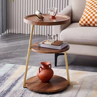 Modern Minimalist Round Wood Carbon Steel Side Table 3-Tier For Living Room