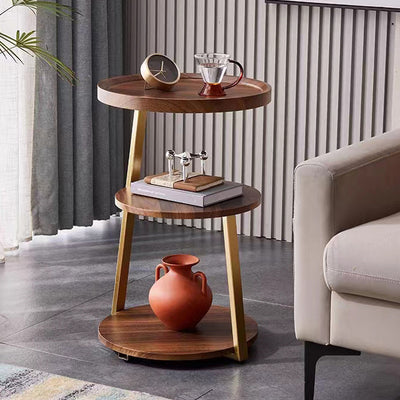 Modern Minimalist Round Wood Carbon Steel Side Table 3-Tier For Living Room