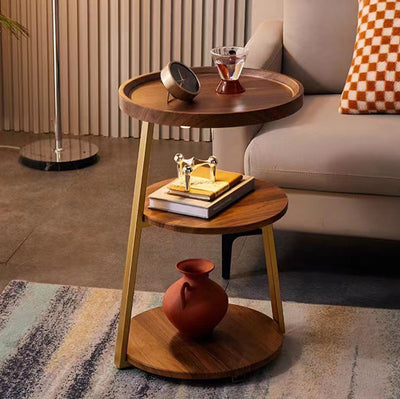 Modern Minimalist Round Wood Carbon Steel Side Table 3-Tier For Living Room