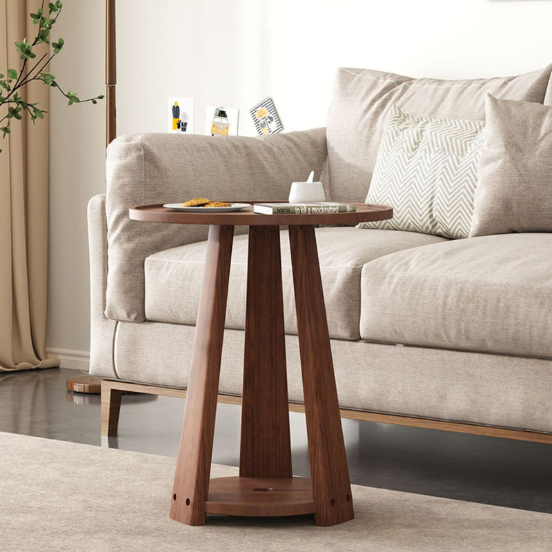 Modern Minimalist Round Triangle Wood Side Table 2-Tier For Living Room