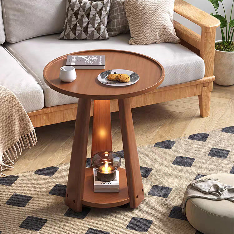 Modern Minimalist Round Triangle Wood Side Table 2-Tier For Living Room