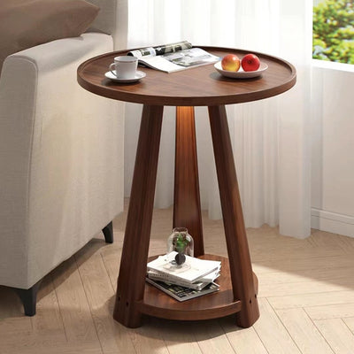 Modern Minimalist Round Triangle Wood Side Table 2-Tier For Living Room