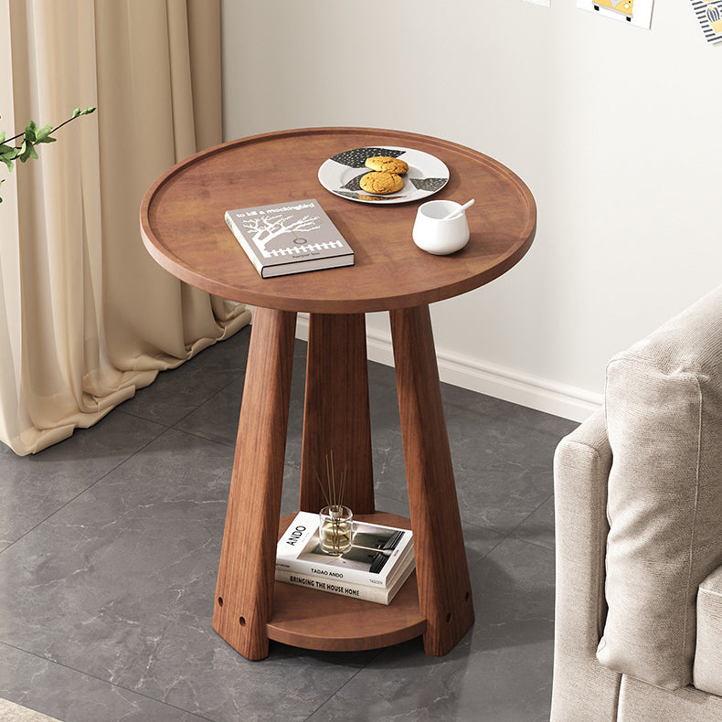 Modern Minimalist Round Triangle Wood Side Table 2-Tier For Living Room