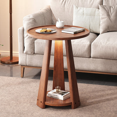 Modern Minimalist Round Triangle Wood Side Table 2-Tier For Living Room