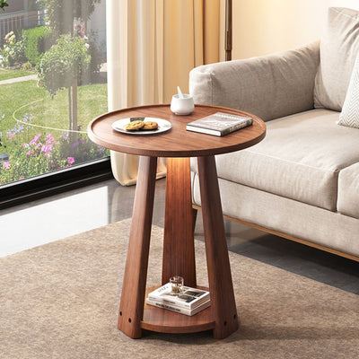 Modern Minimalist Round Triangle Wood Side Table 2-Tier For Living Room