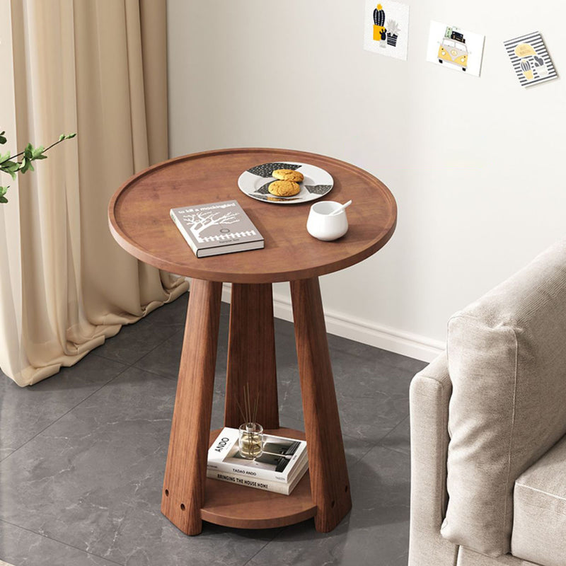 Modern Minimalist Round Triangle Wood Side Table 2-Tier For Living Room