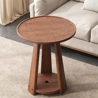 Modern Minimalist Round Triangle Wood Side Table 2-Tier For Living Room