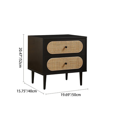 Modern Mid-Century Square Wood Rattan Nightstand 2-Drawer For Bedroom