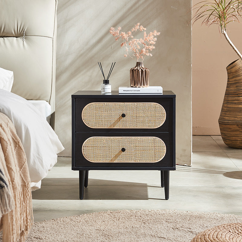 Modern Mid-Century Square Wood Rattan Nightstand 2-Drawer For Bedroom