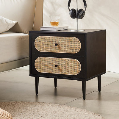 Modern Mid-Century Square Wood Rattan Nightstand 2-Drawer For Bedroom