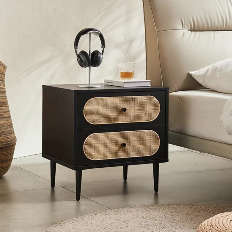 Modern Mid-Century Square Wood Rattan Nightstand 2-Drawer For Bedroom