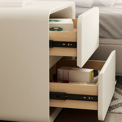 Contemporary Nordic Cream Square Rectangle Wood Veneer Nightstand 2-Drawer For Bedroom