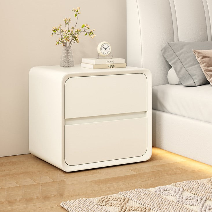 Contemporary Nordic Cream Square Rectangle Wood Veneer Nightstand 2-Drawer For Bedroom