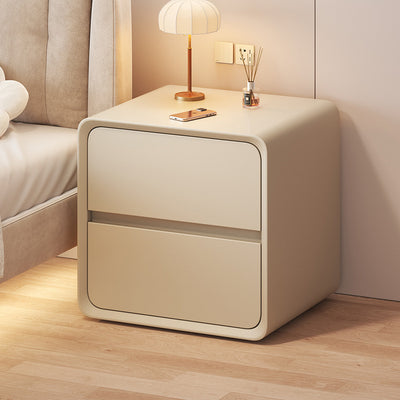 Contemporary Nordic Cream Square Rectangle Wood Veneer Nightstand 2-Drawer For Bedroom