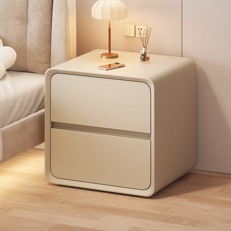 Contemporary Nordic Cream Square Rectangle Wood Veneer Nightstand 2-Drawer For Bedroom