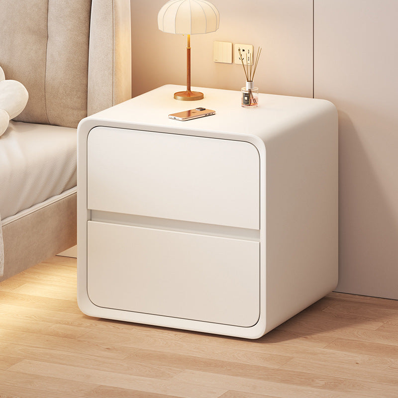 Contemporary Nordic Cream Square Rectangle Wood Veneer Nightstand 2-Drawer For Bedroom