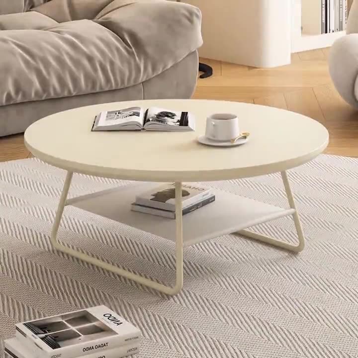 Moderner minimalistischer runder Couchtisch aus Eisen mit Cremefarbe und zweistufiger Steinplatte für das Wohnzimmer 