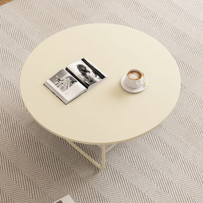 Moderner minimalistischer runder Couchtisch aus Eisen mit Cremefarbe und zweistufiger Steinplatte für das Wohnzimmer 