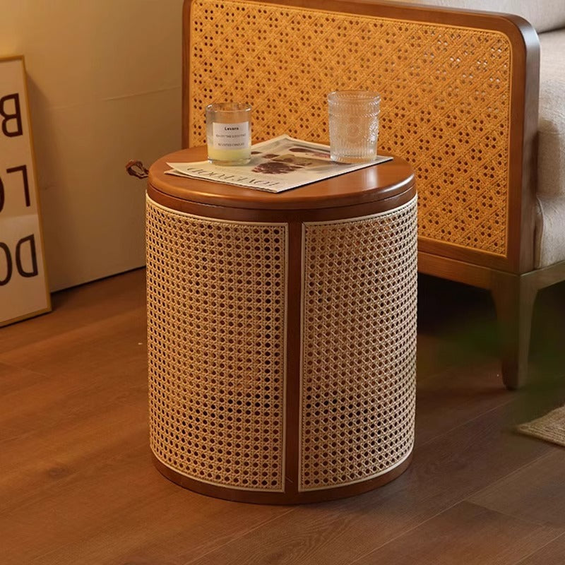 Traditional Japanese Round Cylinder Wood Rattan Side Table 1-Storage For Living Room