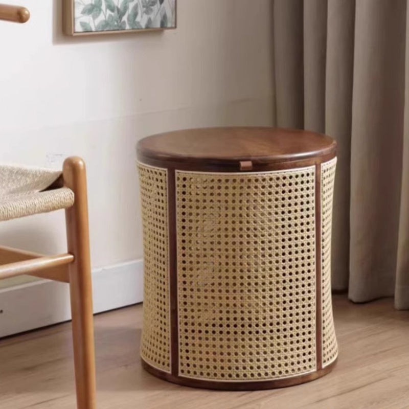 Traditional Japanese Round Cylinder Wood Rattan Side Table 1-Storage For Living Room