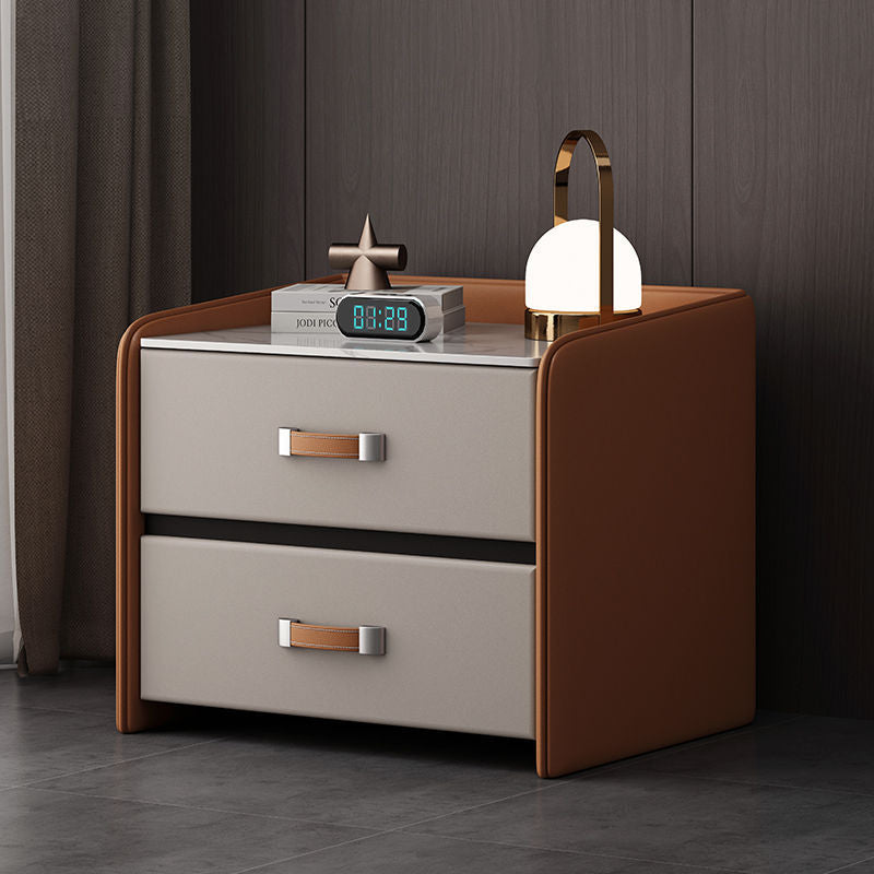 Modern Minimalist Square Wood Imitation Leather Rock Slab Nightstand 2-Drawer For Bedroom