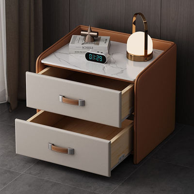 Modern Minimalist Square Wood Imitation Leather Rock Slab Nightstand 2-Drawer For Bedroom