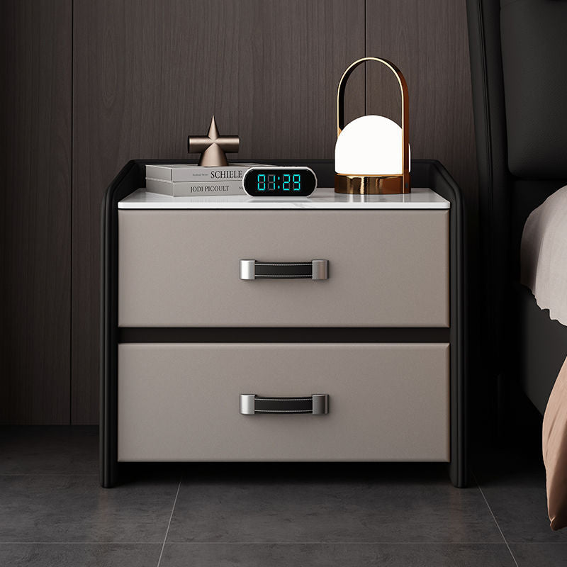 Modern Minimalist Square Wood Imitation Leather Rock Slab Nightstand 2-Drawer For Bedroom