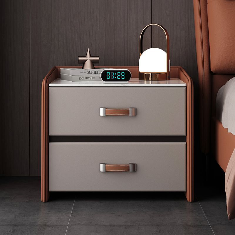 Modern Minimalist Square Wood Imitation Leather Rock Slab Nightstand 2-Drawer For Bedroom