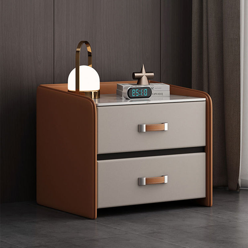 Modern Minimalist Square Wood Imitation Leather Rock Slab Nightstand 2-Drawer For Bedroom