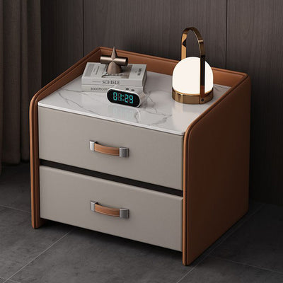 Modern Minimalist Square Wood Imitation Leather Rock Slab Nightstand 2-Drawer For Bedroom