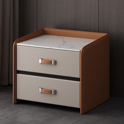 Modern Minimalist Square Wood Imitation Leather Rock Slab Nightstand 2-Drawer For Bedroom