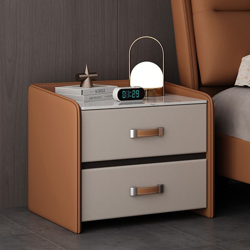 Modern Minimalist Square Wood Imitation Leather Rock Slab Nightstand 2-Drawer For Bedroom