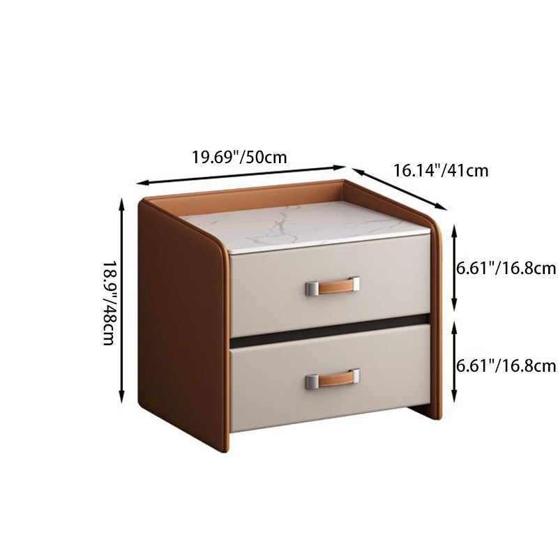 Modern Minimalist Square Wood Imitation Leather Rock Slab Nightstand 2-Drawer For Bedroom